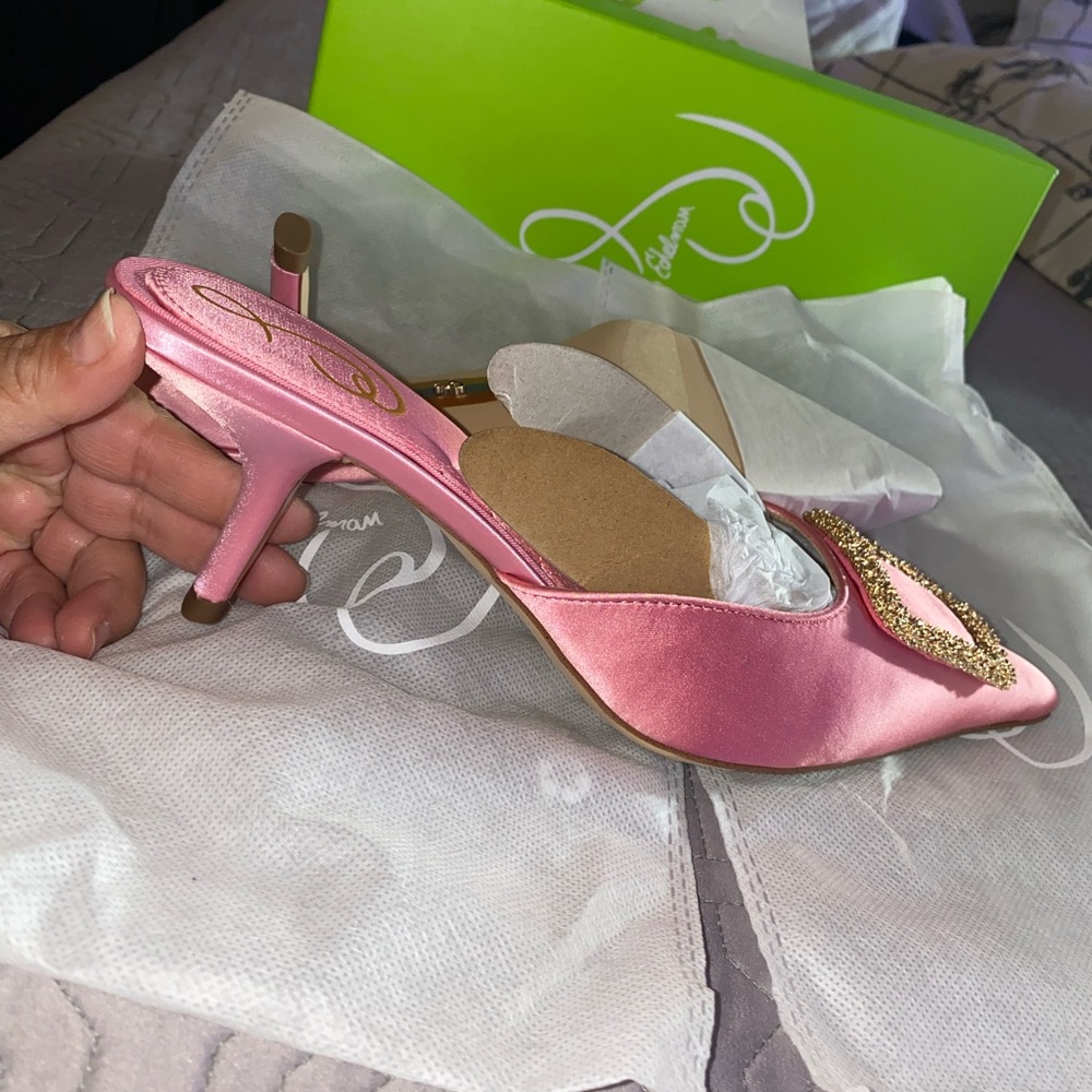 Sam Edelman Pink Heeled Mules with Sparkling Buckle - Picture 3 of 8